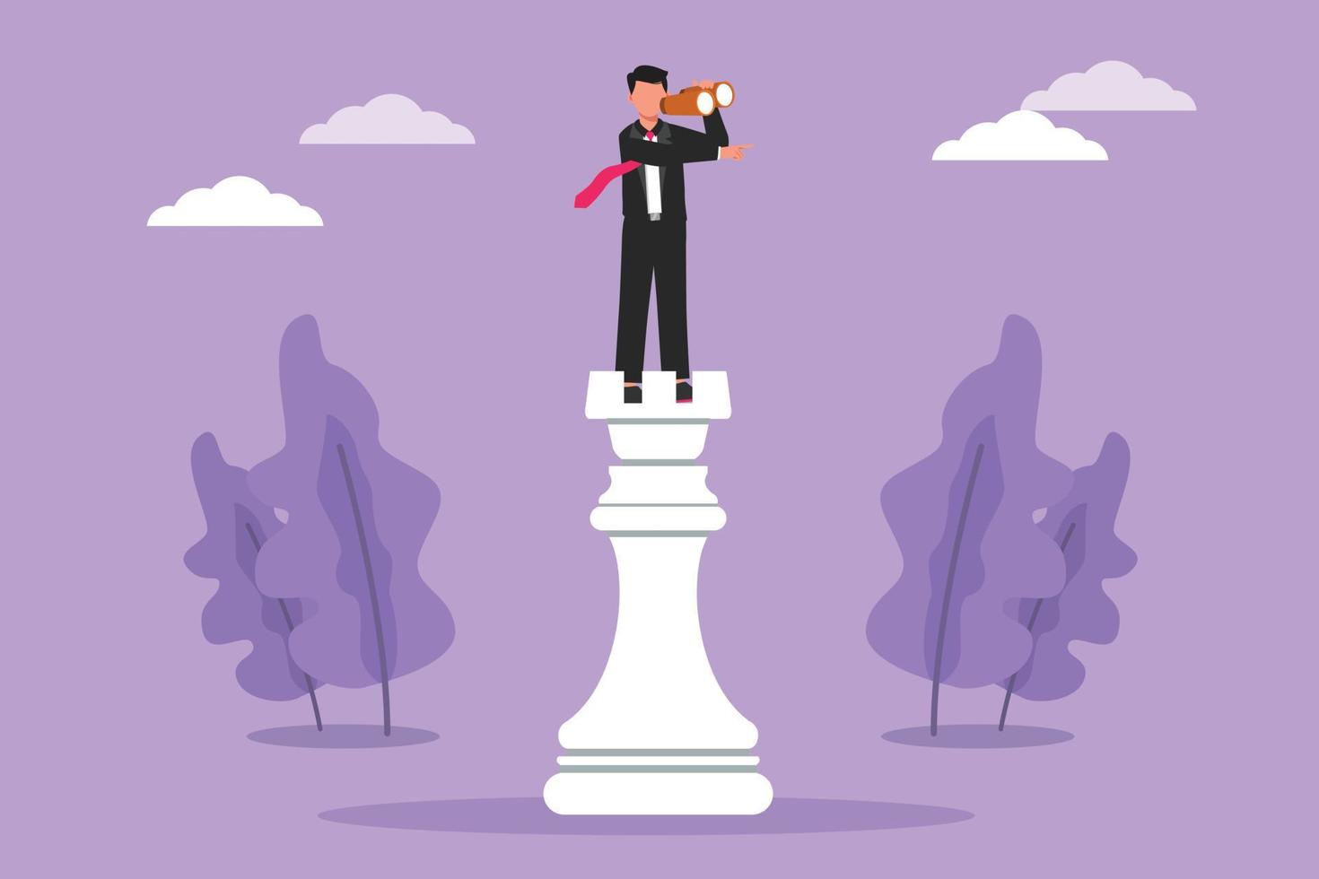 Character flat drawing smart businessman on top of big rook chess piece using telescope looking for success, goals opportunities, future trends. Business metaphor. Cartoon design vector illustration