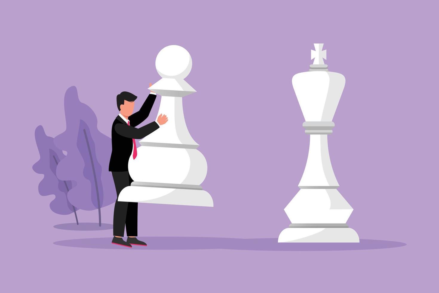 Graphic flat design drawing businessman holding pawn chess piece to beat king chess. Strategic planning, business development strategy, tactics in entrepreneurship. Cartoon style vector illustration
