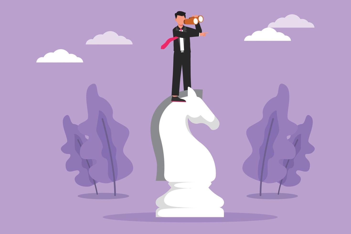 Cartoon flat style drawing innovative businessman on top of big horse chess piece using telescope looking for success, goals opportunities, future business trends. Graphic design vector illustration