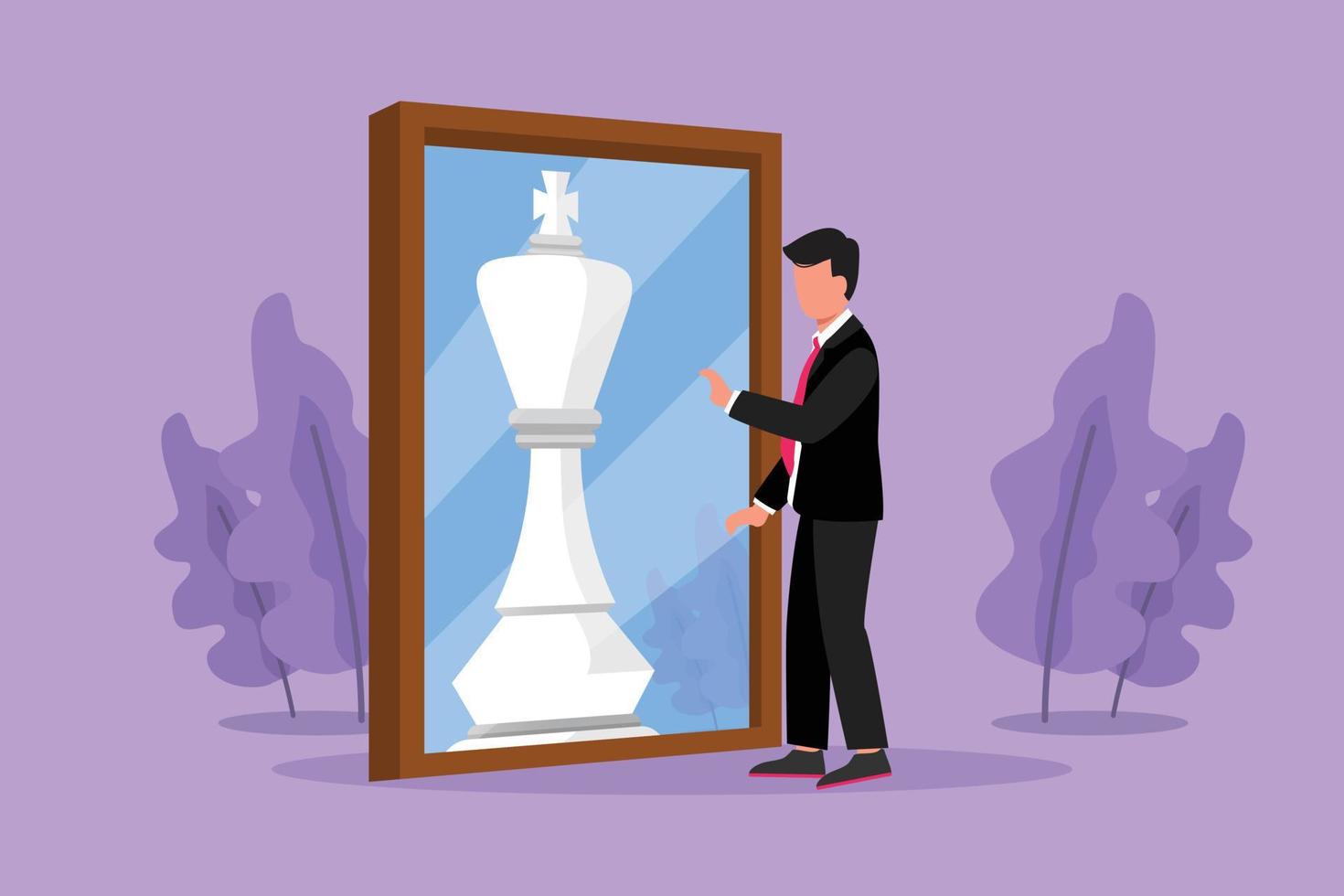 Graphic flat design drawing handsome businessman standing in front of mirror, reflecting chess king. Metaphor of confidence. Success business, opportunities concept. Cartoon style vector illustration