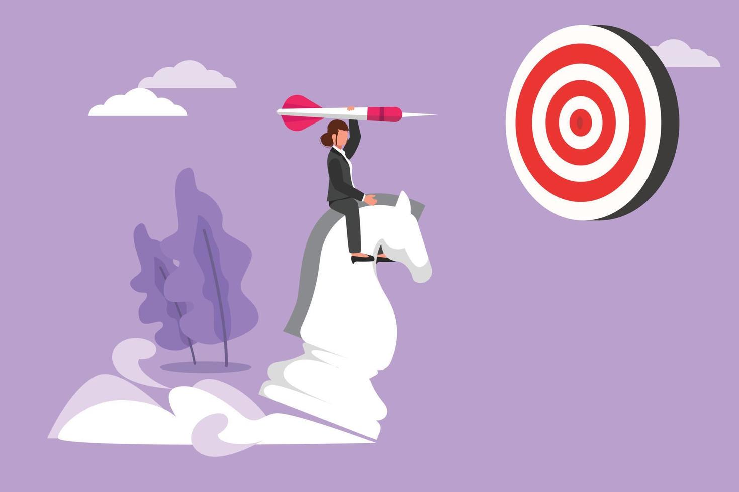 Graphic flat design drawing active businesswoman holding dart arrow while riding chess knight piece, strategic. Success manager achievement. Business target metaphor. Cartoon style vector illustration