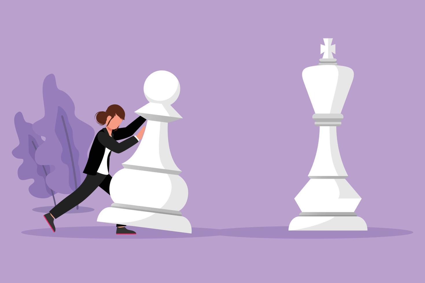 Graphic flat design drawing competitive businesswoman push huge pawn chess piece. Business strategy, goals target, marketing plan. Strategic move in business concept. Cartoon style vector illustration