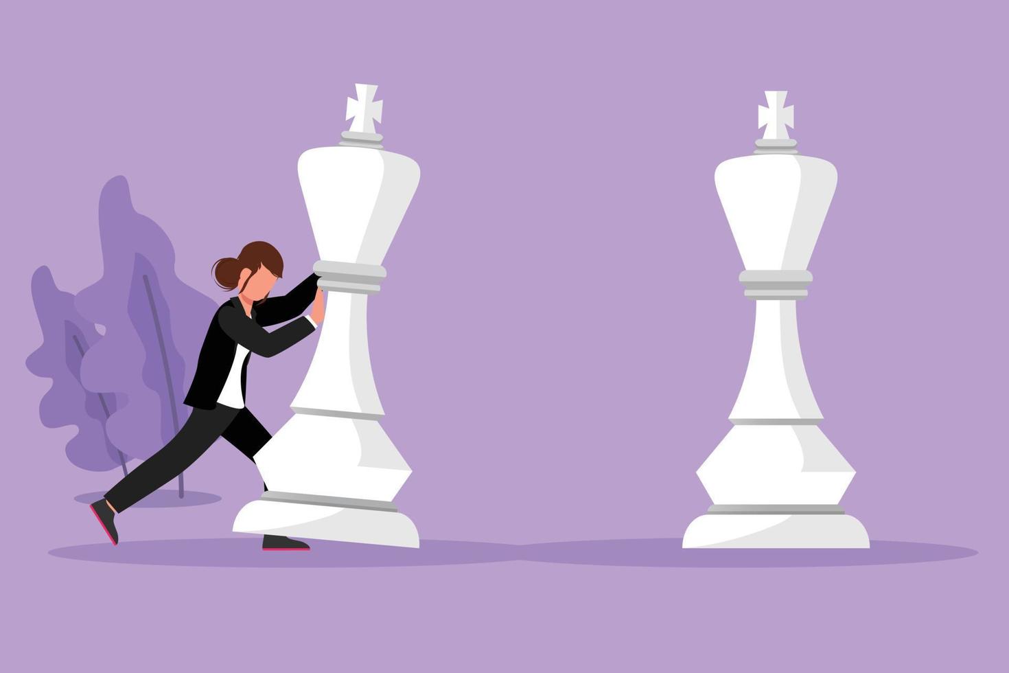 Cartoon flat style drawing of businesswoman pushes big king chess pieces to beat opponent king. Business strategy marketing plan. Strategic move in business concept. Graphic design vector illustration
