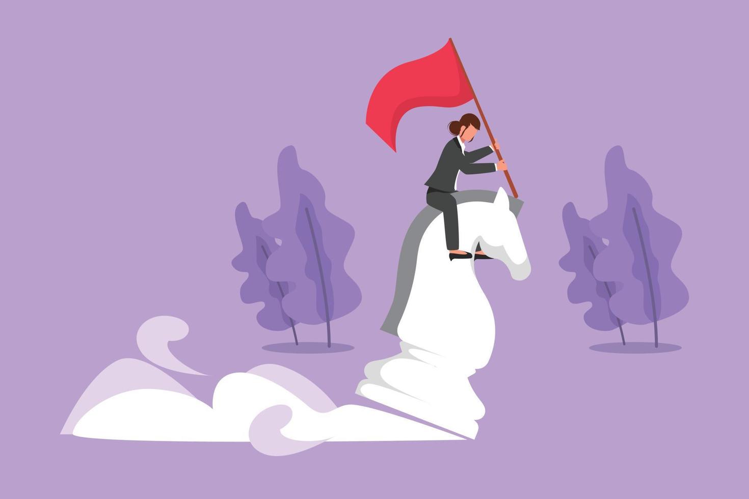 Cartoon flat style drawing motivation businesswoman riding big chess horse knight and holding flag, strategy, goals, competitive, strategic move in business concept. Graphic design vector illustration