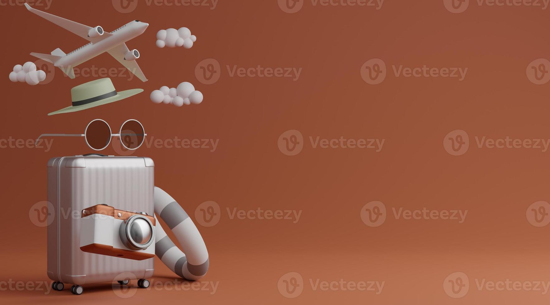 White luggage with airplane, grey and white swimming rubber ring , sunglasses and camera over brown background travel concept. 3d rendering photo