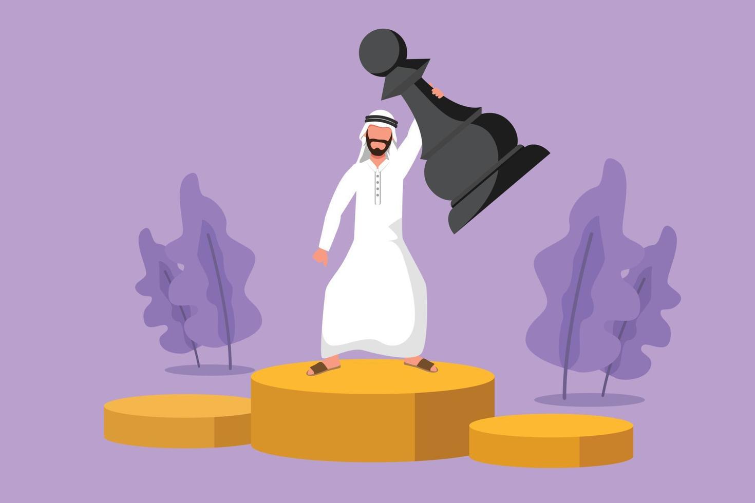 Character flat drawing motivation Arabian businessman holding, lifting pawn chess piece. Successful entrepreneurship strategy, superiority in business competition. Cartoon design vector illustration