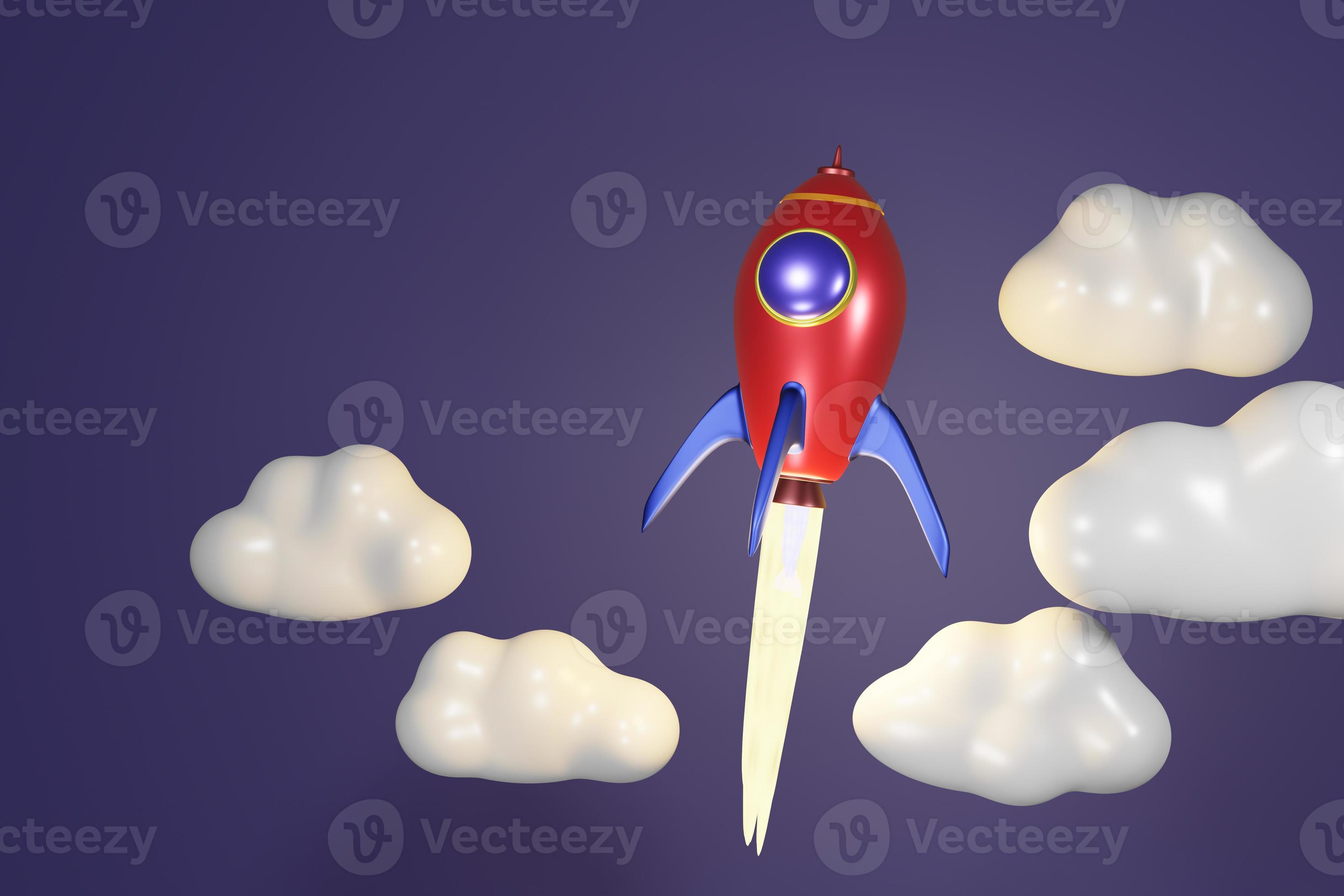 Ballistic launch red rocket with cloud on dark blue background, 3D