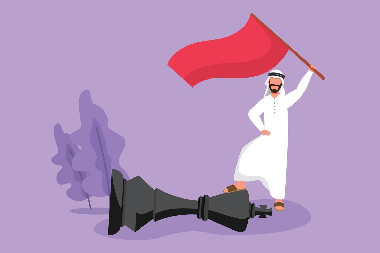Character flat drawing Arab businessman holding flag, defeat competitor business as winning chess game. Company strategy success using powerful move for advantage. Cartoon design vector illustration