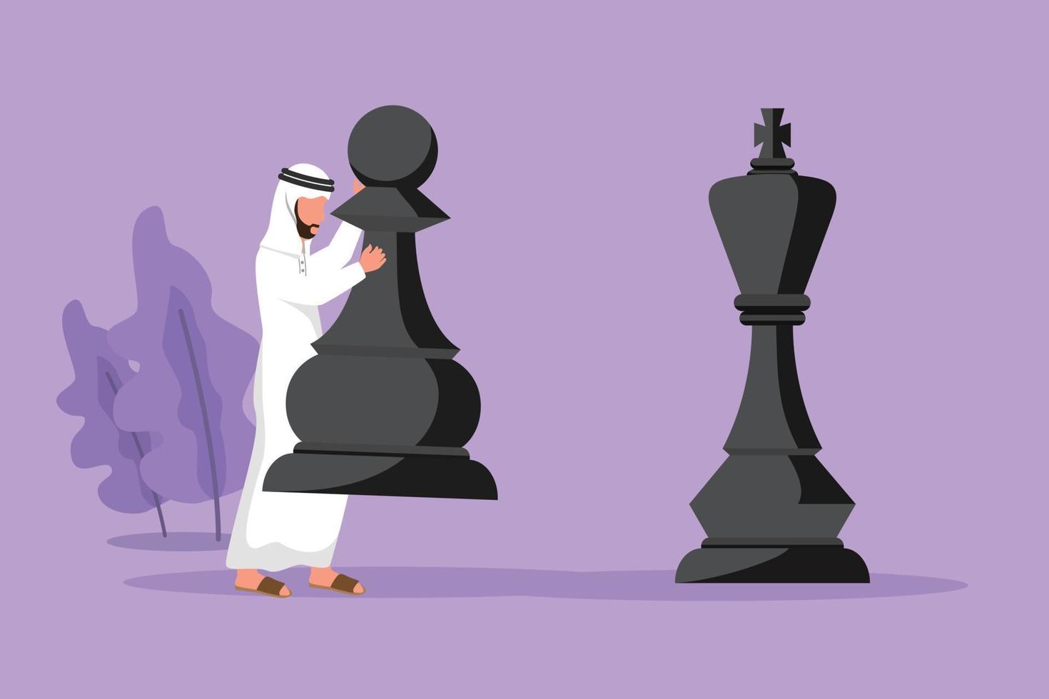 Character flat drawing Arab businessman holding pawn chess piece to beat king chess. Strategic planning, business development strategy, tactics in entrepreneurship. Cartoon design vector illustration
