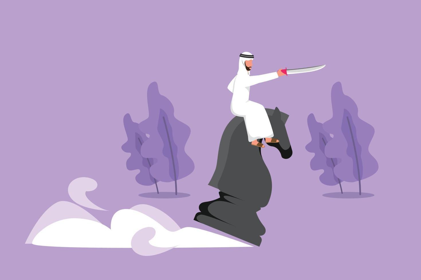 Character flat drawing competitive Arab businessman riding big chess horse knight with sword. Idea, business strategy, winning competition, achievement goal concept. Cartoon design vector illustration