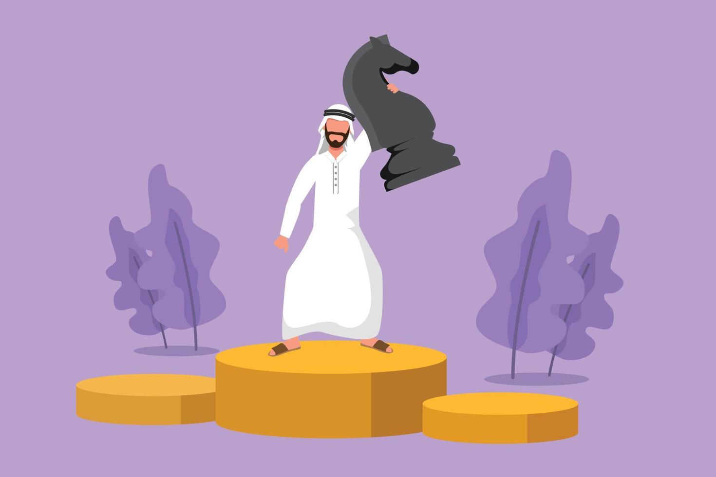 dibujo de diseño gráfico plano empresario árabe competitivo sosteniendo, levantando una pieza de ajedrez de caballero. tácticas empresariales exitosas, estrategia, superioridad en los objetivos comerciales. ilustración vectorial de dibujos animados vector
