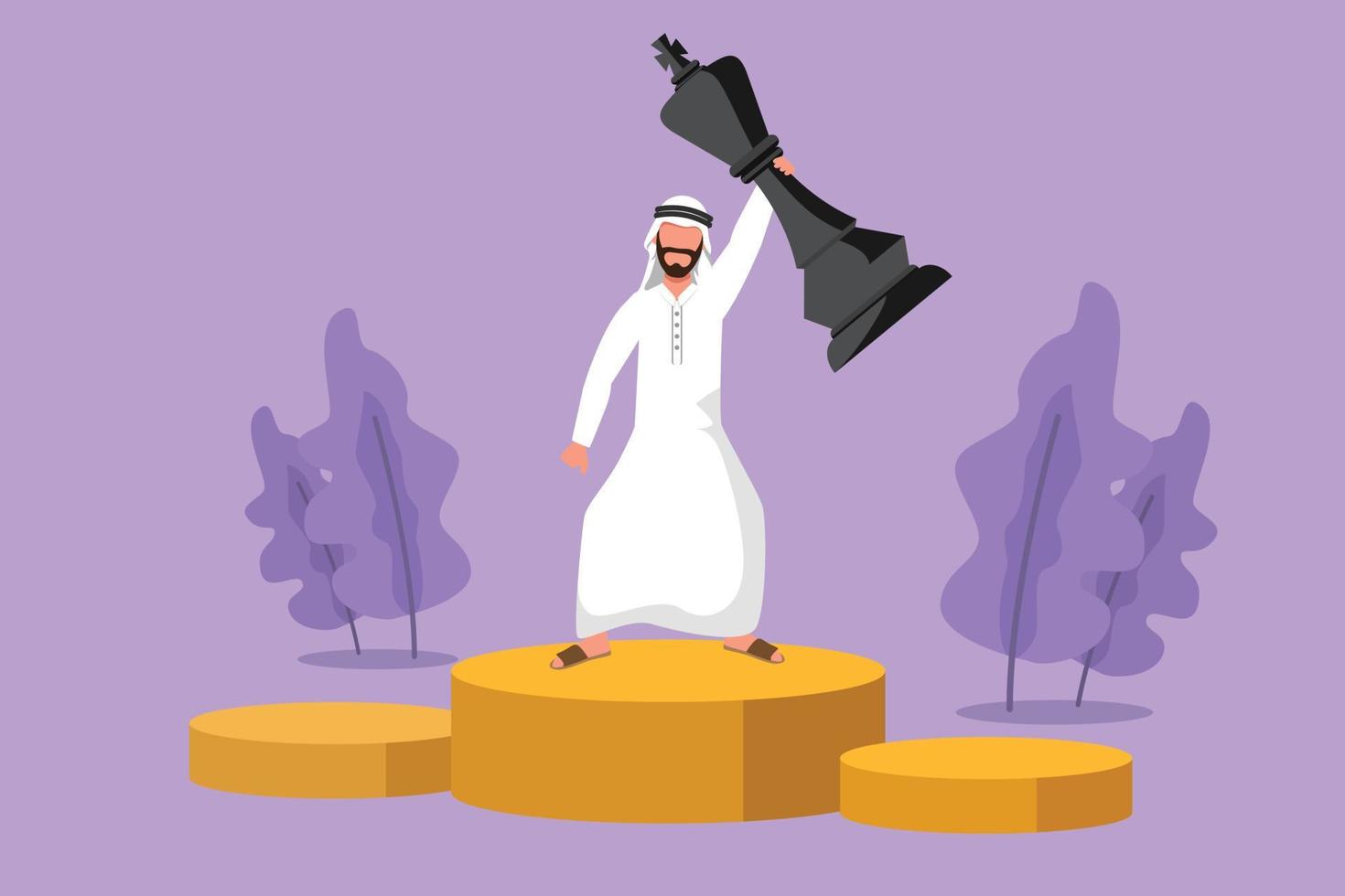 Cartoon flat style drawing happy Arab businessman holding, lifting king chess piece. Successful entrepreneurship strategy, superiority in business. Win competition. Graphic design vector illustration