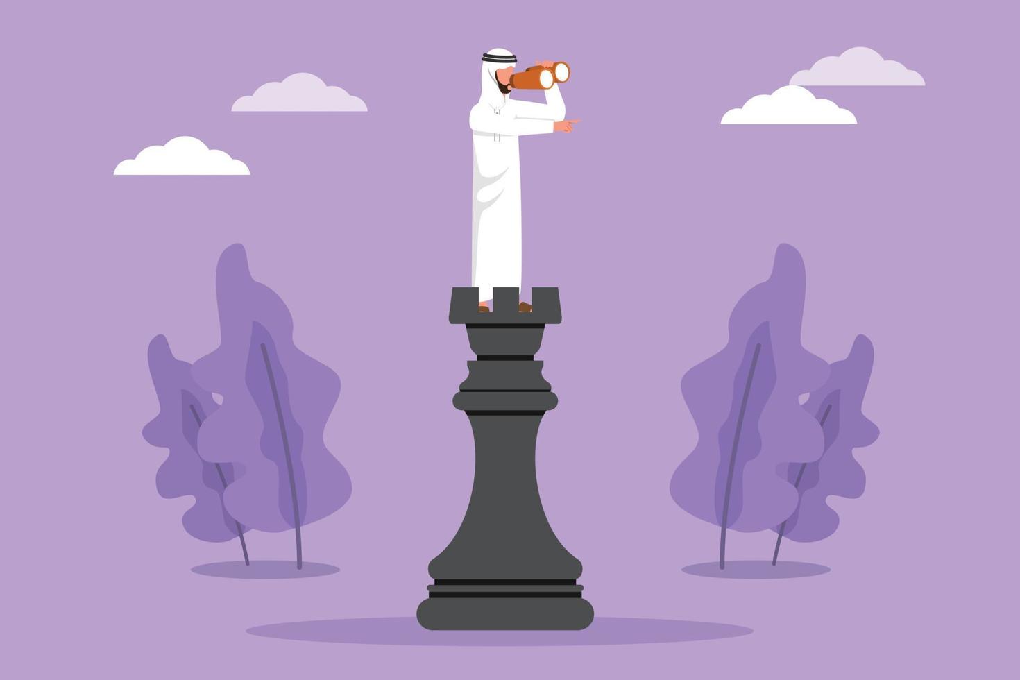 Cartoon flat style drawing smart Arabian businessman on top of big rook chess piece using telescope looking for success, goals opportunities, future business trends. Graphic design vector illustration