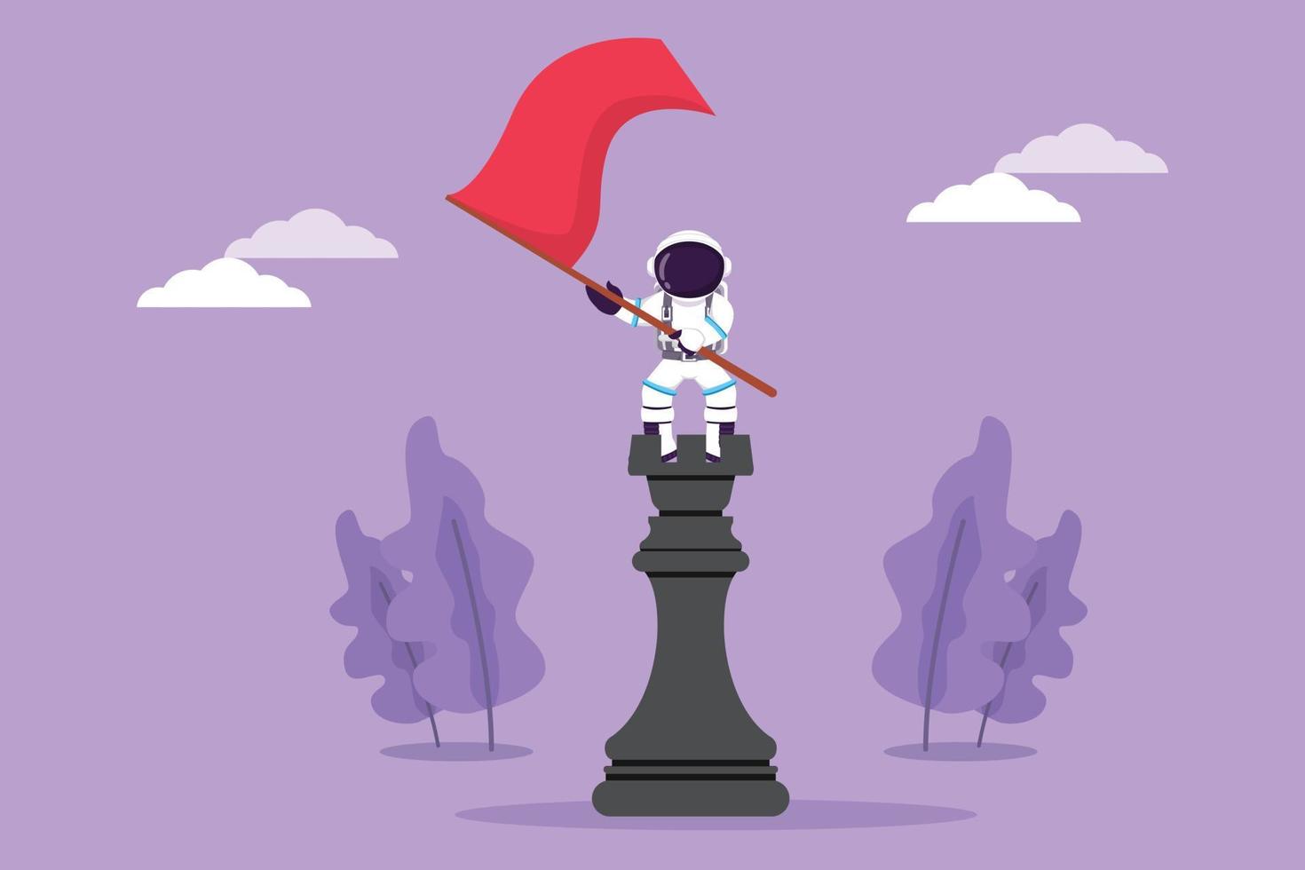 Cartoon flat style drawing young astronaut standing on top of big rook chess and waving a flag in moon surface. Successful leadership. Cosmic galaxy space concept. Graphic design vector illustration