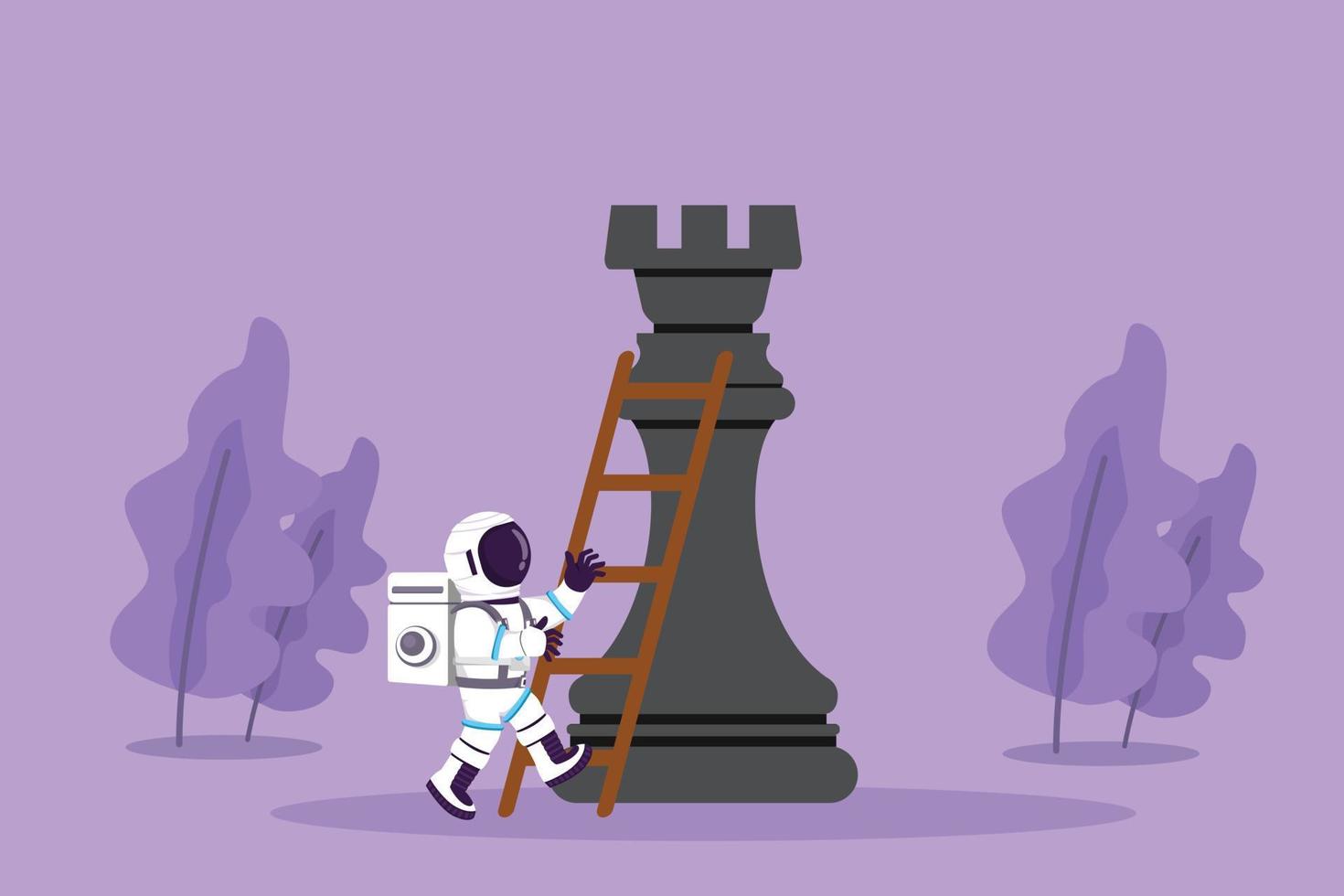 Cartoon flat style drawing young astronaut climb huge rook chess piece with ladder in moon surface. Strategic or smart move competition. Cosmic galaxy space concept. Graphic design vector illustration