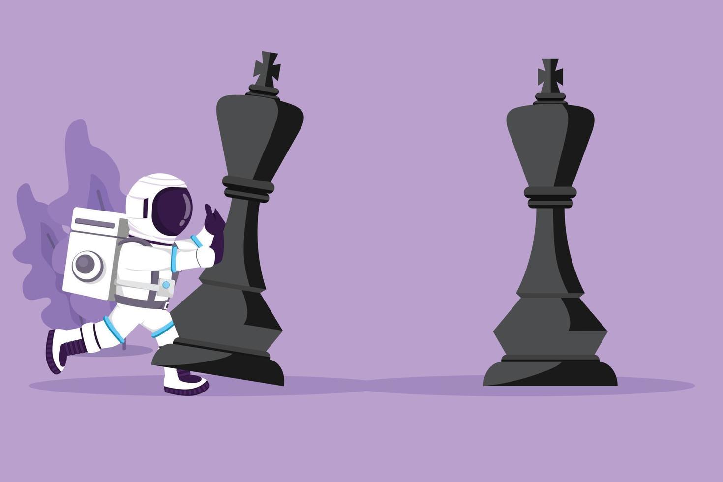 Cartoon flat style drawing of young astronaut pushes big king chess pieces to defeat opponent king in moon surface. Strategic movement. Cosmic galaxy space concept. Graphic design vector illustration