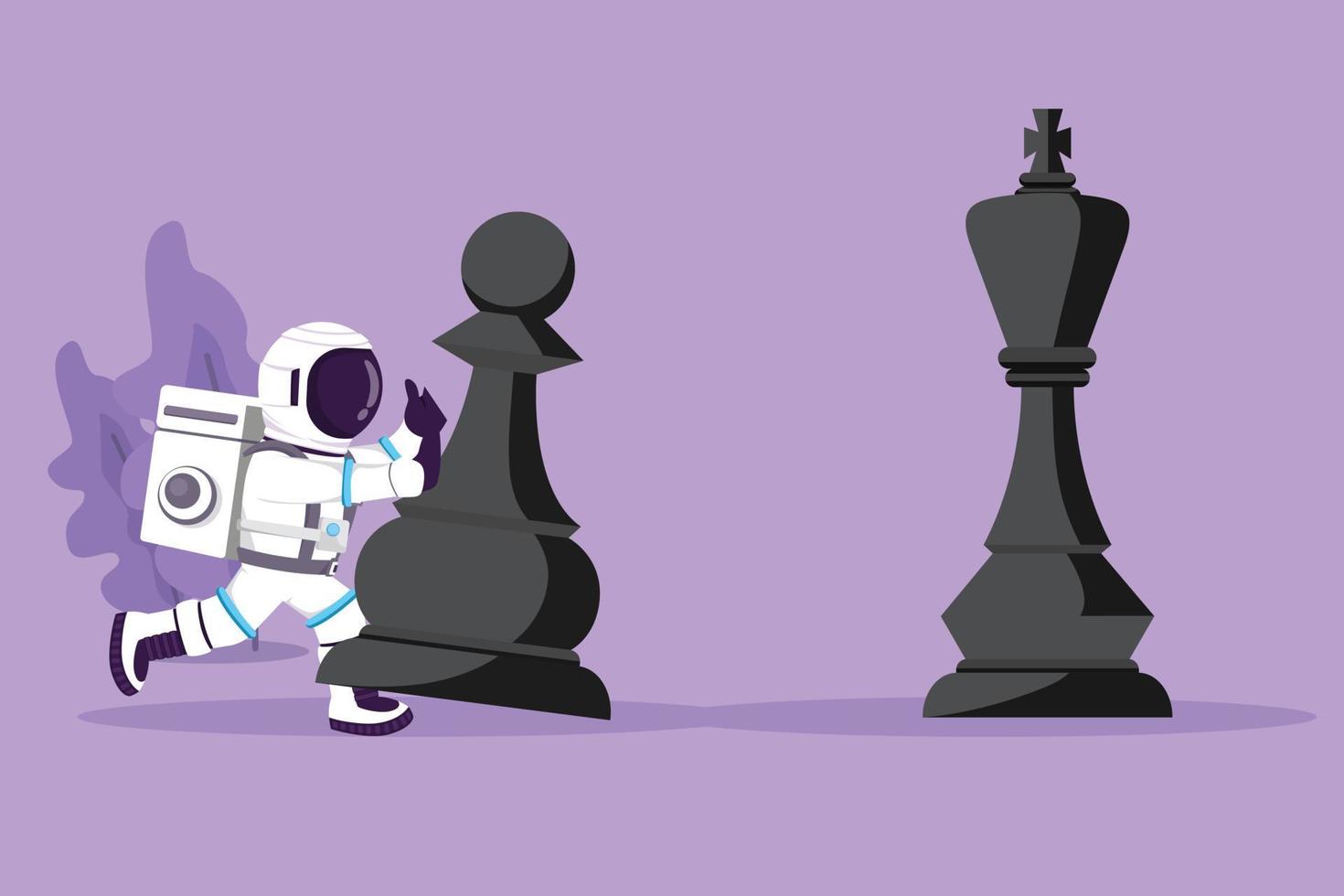 Graphic flat design drawing young astronaut push huge pawn chess piece to beat king in moon surface. Strategic move in win game play. Cosmonaut outer space concept. Cartoon style vector illustration