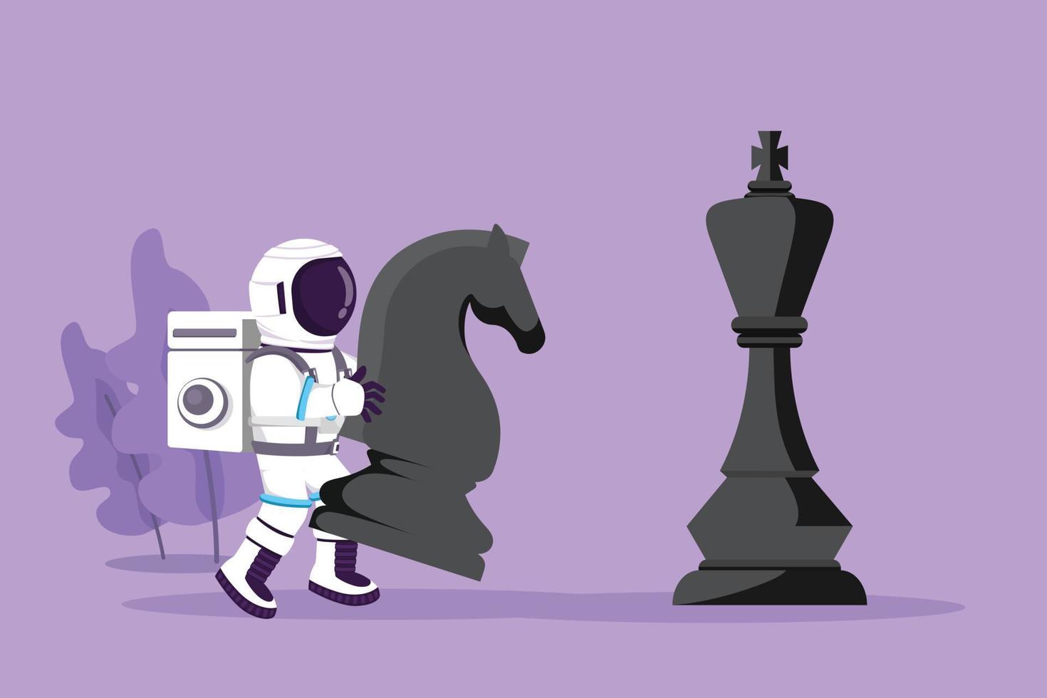 Cartoon flat style drawing young astronaut holding knight chess piece to beat king chess in moon surface. Strategic goal game planning. Cosmic galaxy space concept. Graphic design vector illustration