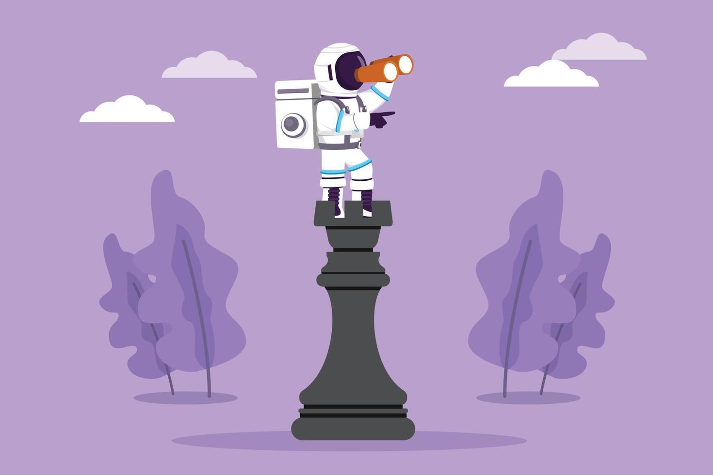 Character flat drawing young astronaut standing on top big rook chess piece using telescope looking for opportunities in moon surface. Cosmonaut deep space concept. Cartoon design vector illustration