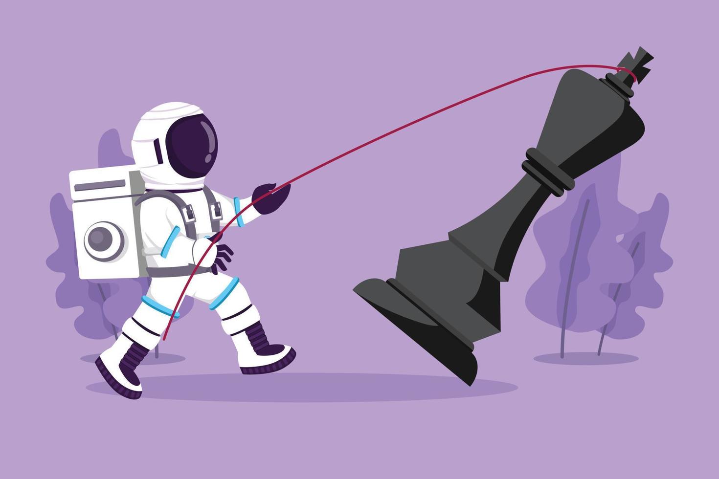 Character flat drawing young astronaut pulling big king chess with rope. Win game achievement, strategy, competitive, strategic goals. Cosmonaut deep space concept. Cartoon design vector illustration