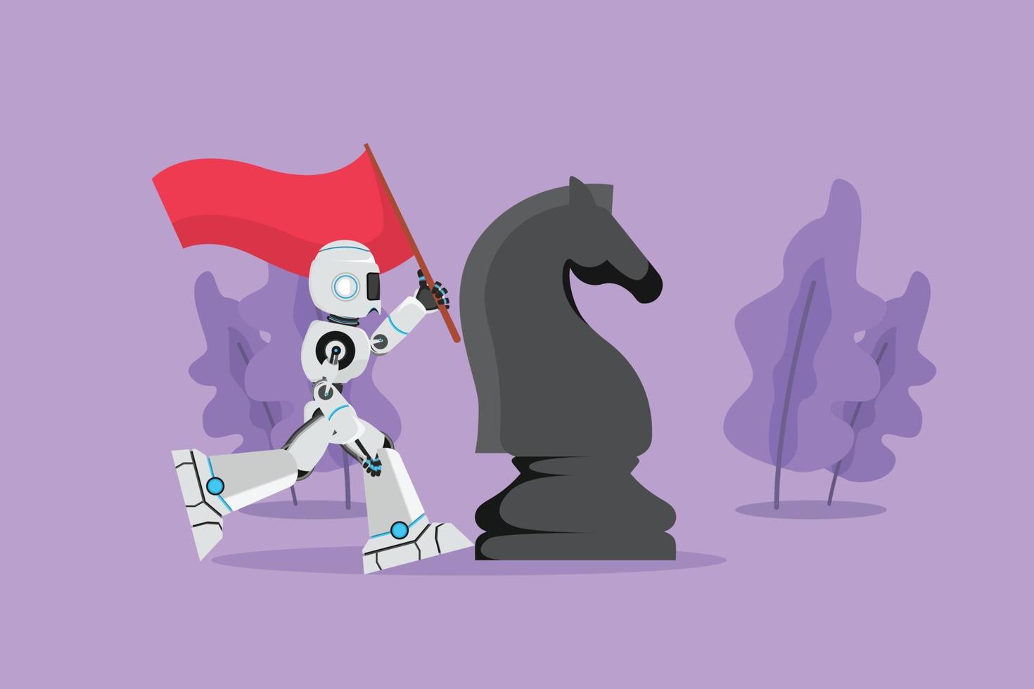 Cartoon flat style drawing robot running and holding flag beside big horse knight chess. Winning competition. Robotic artificial intelligence. Technology industry. Graphic design vector illustration
