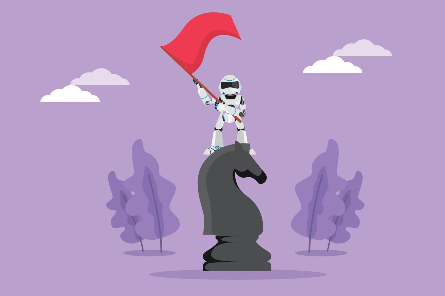 Graphic flat design drawing robot standing on top of big horse knight chess and waving flag. Winning competition. Technology development. Machine learning processes. Cartoon style vector illustration
