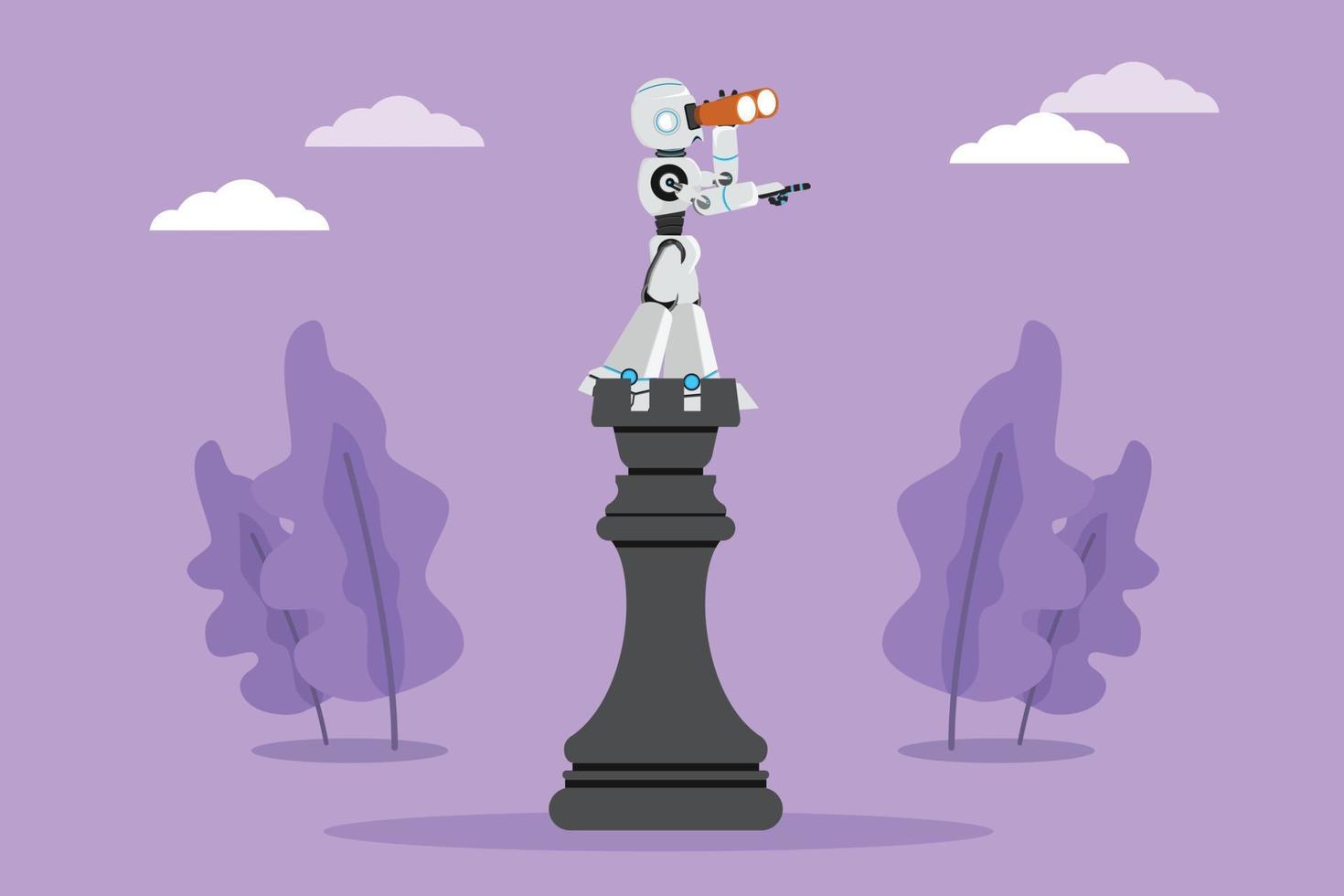 Character flat drawing robot standing on top big rook chess piece using telescope looking for opportunities. Humanoid robot cybernetic organism. Robotic development. Cartoon design vector illustration