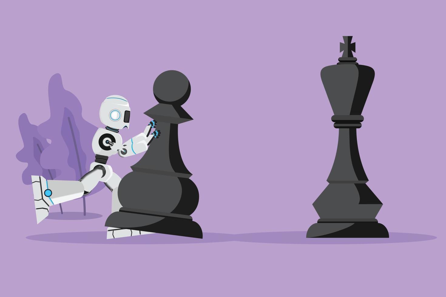 Character flat drawing robot push huge pawn chess piece, beat king. Strategic move in win game play. Humanoid robot cybernetic organism. Future robotic development. Cartoon design vector illustration