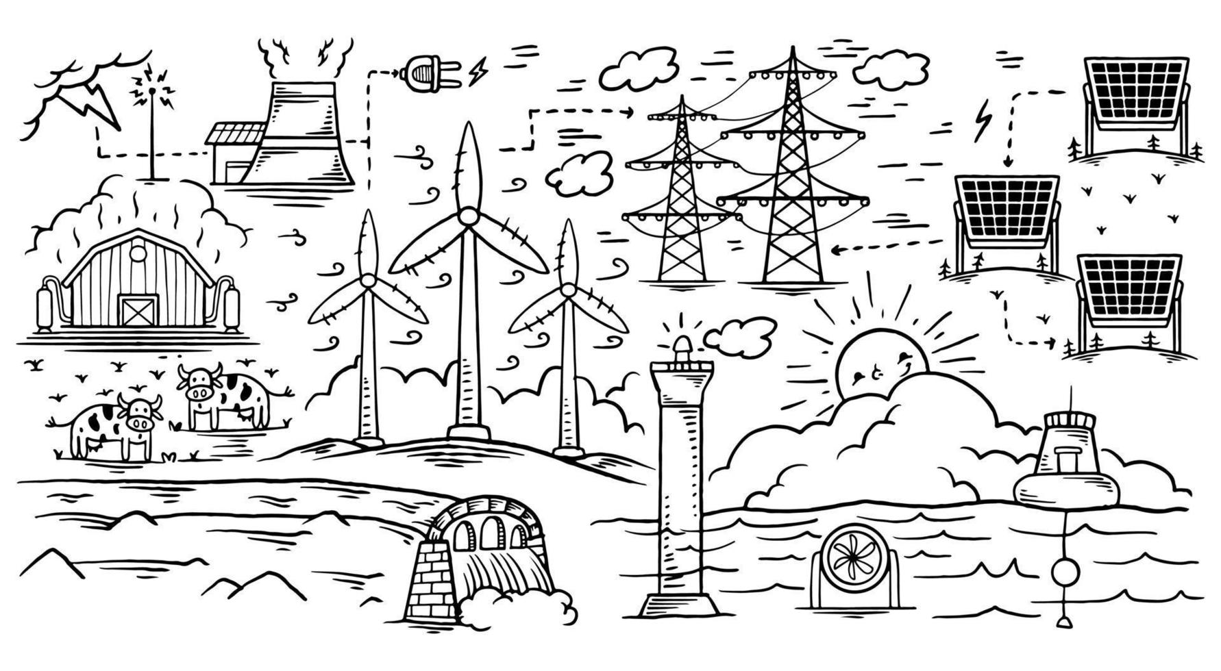 Hand drawn ecology doodle icon set of renewable energy vector