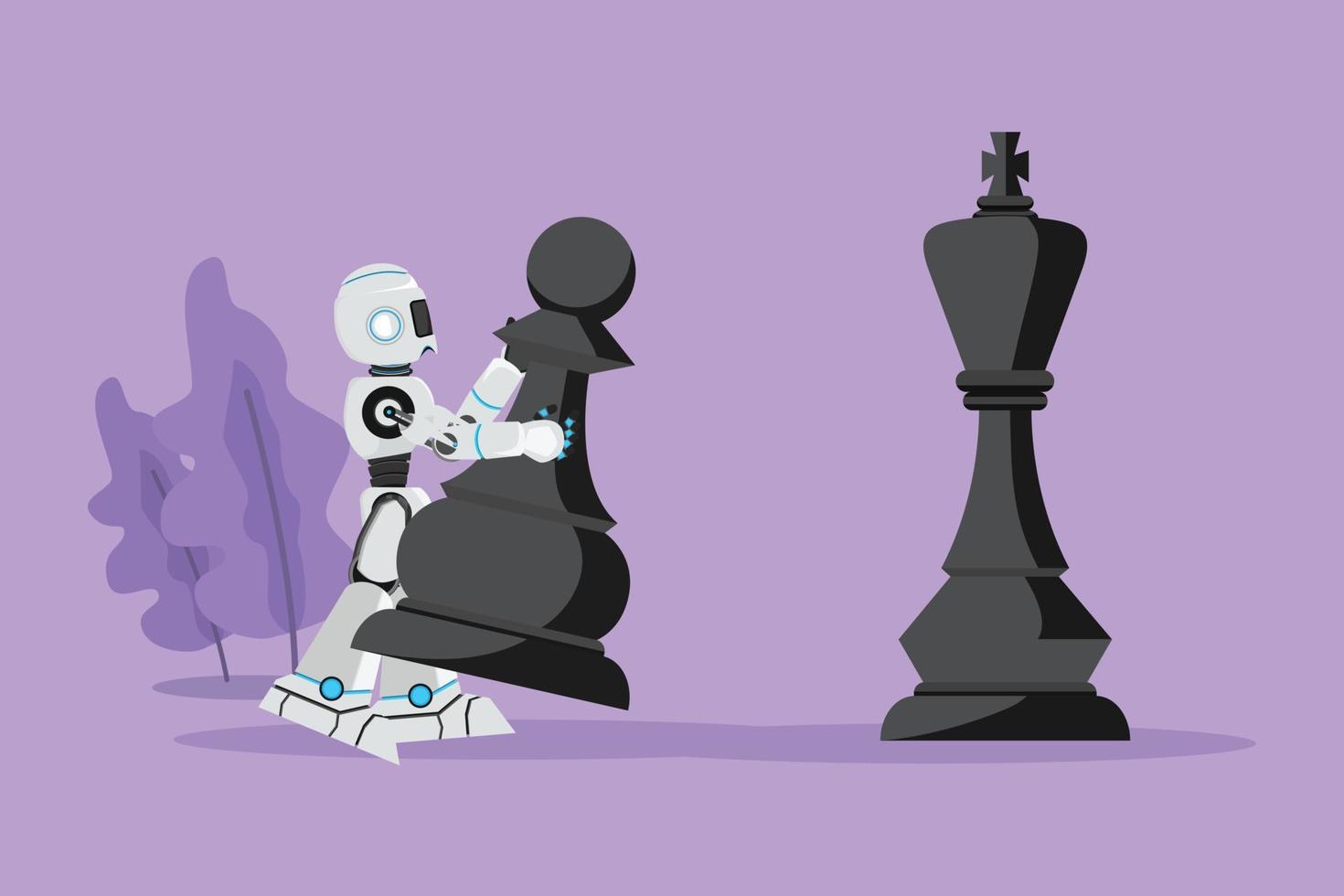 Character flat drawing robot holding pawn chess piece to beat king chess. Strategic movement game planning. Humanoid robot cybernetic organism. Robotic development. Cartoon design vector illustration