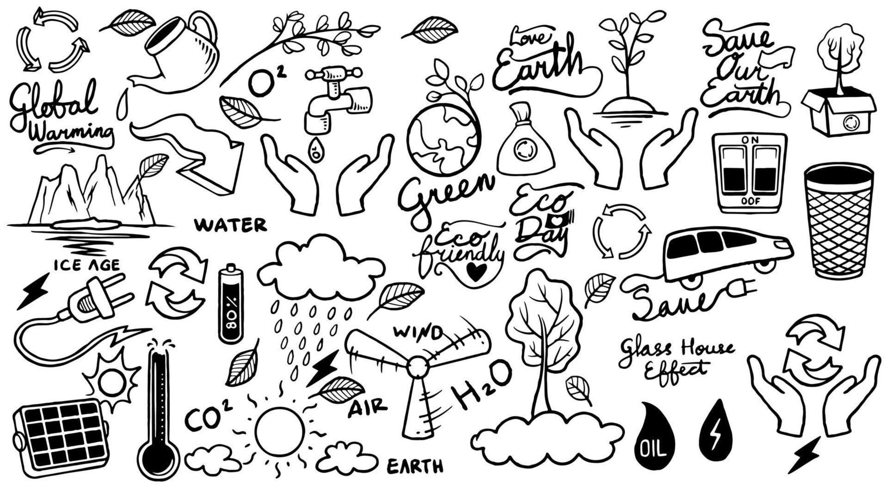 Hand drawn ecology doodle icon set of save earth on white background