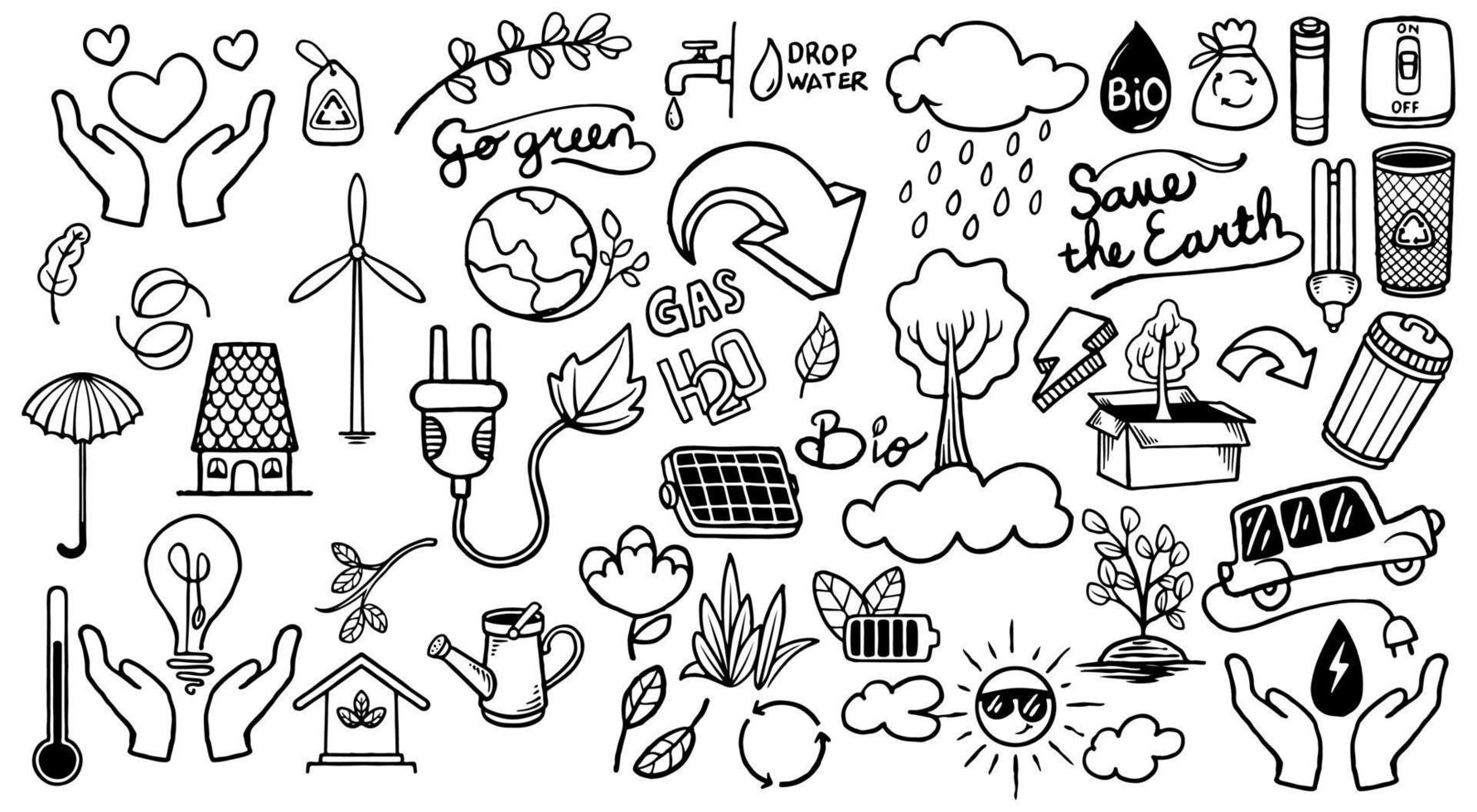 Hand drawn ecology doodle icon set of save earth on white background. vector