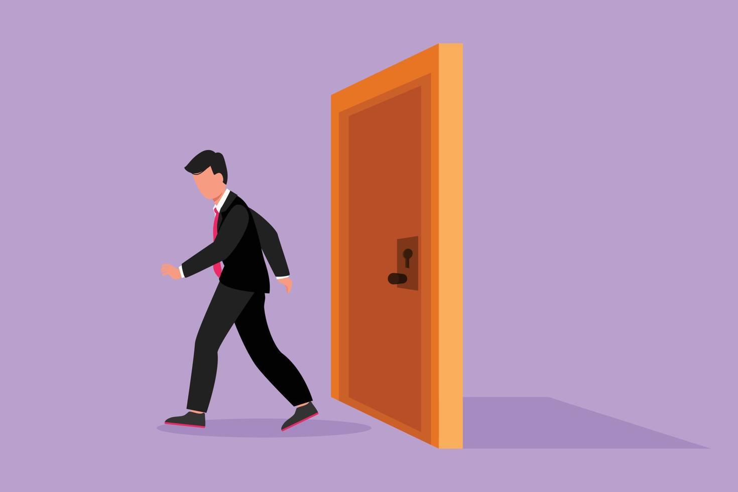 Character flat drawing young businessman walking and leaving closed door. New business ventures. Entrepreneur entering new market. Career growth or vision metaphor. Cartoon design vector illustration