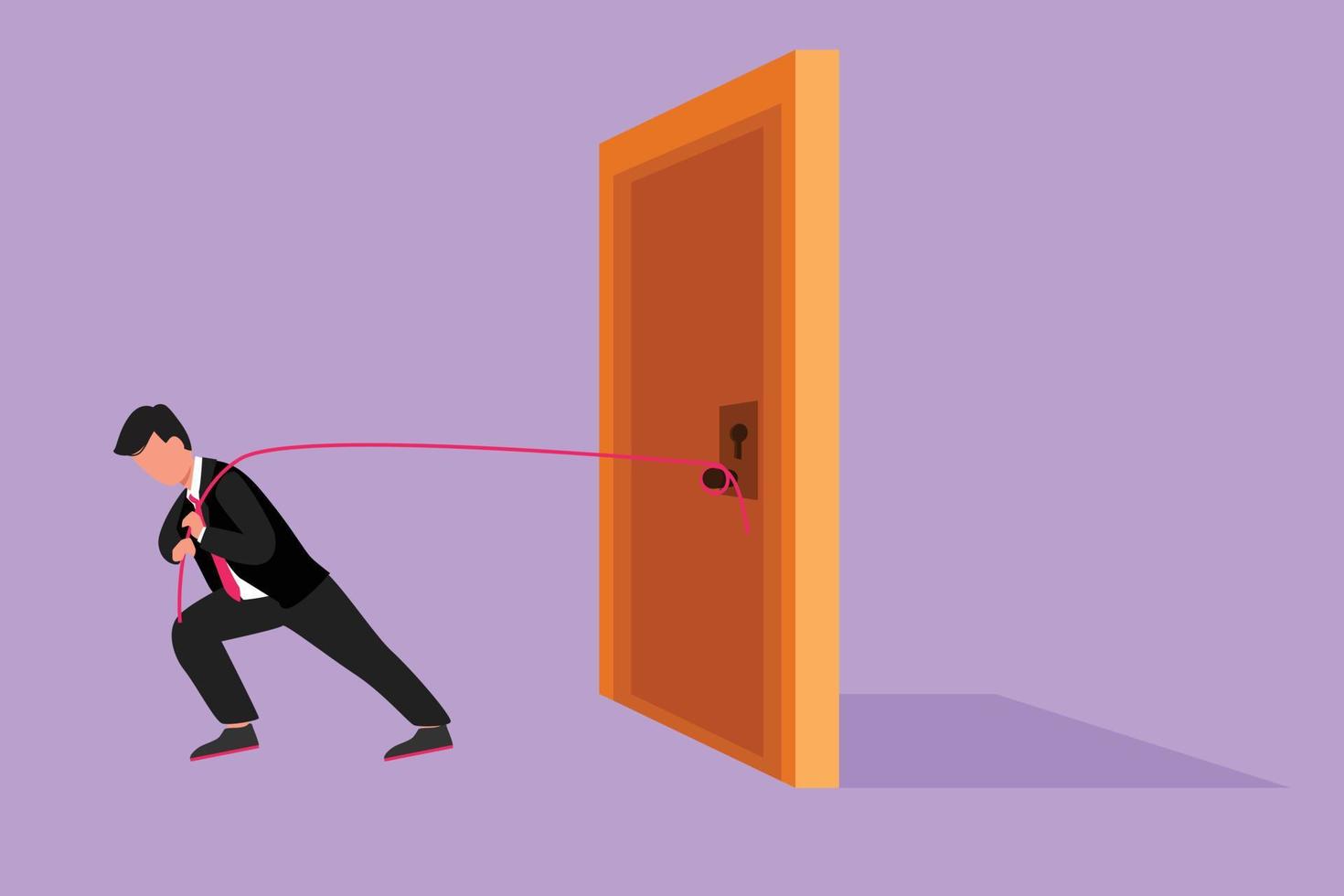 Cartoon flat drawing businessman trying hard to pulling or drag heavy door frame with rope. Metaphor to facing big problem. Business struggles. Strength for success. Graphic design vector illustration