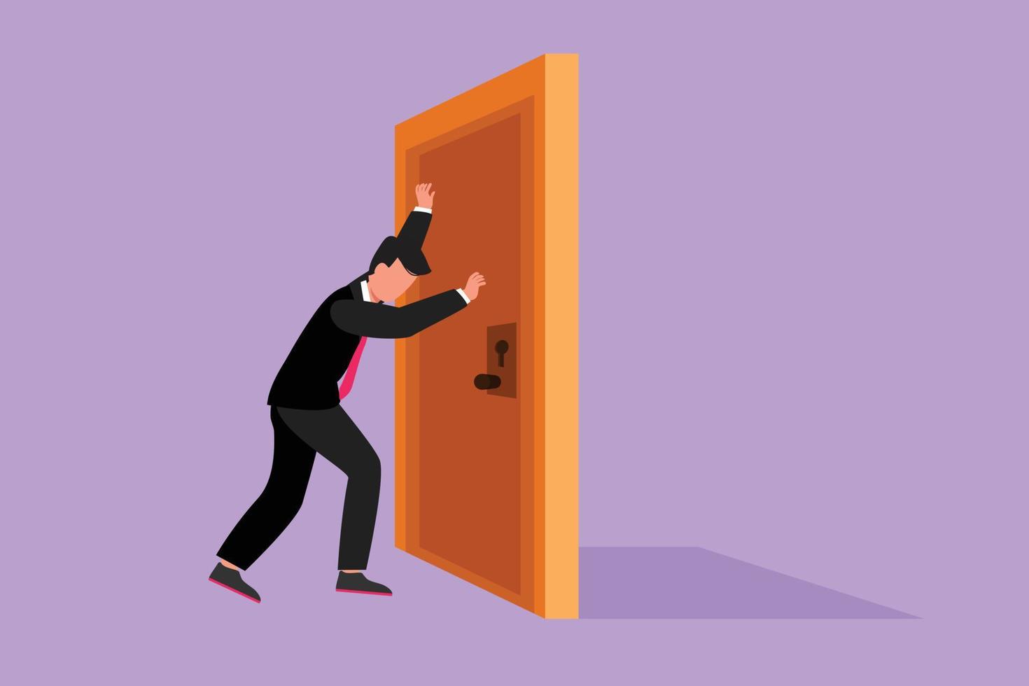 Graphic character flat design drawing of young businessman pushes closed wooden door. Business struggles metaphor. Strength manager for success. Opening closed doors. Cartoon style vector illustration