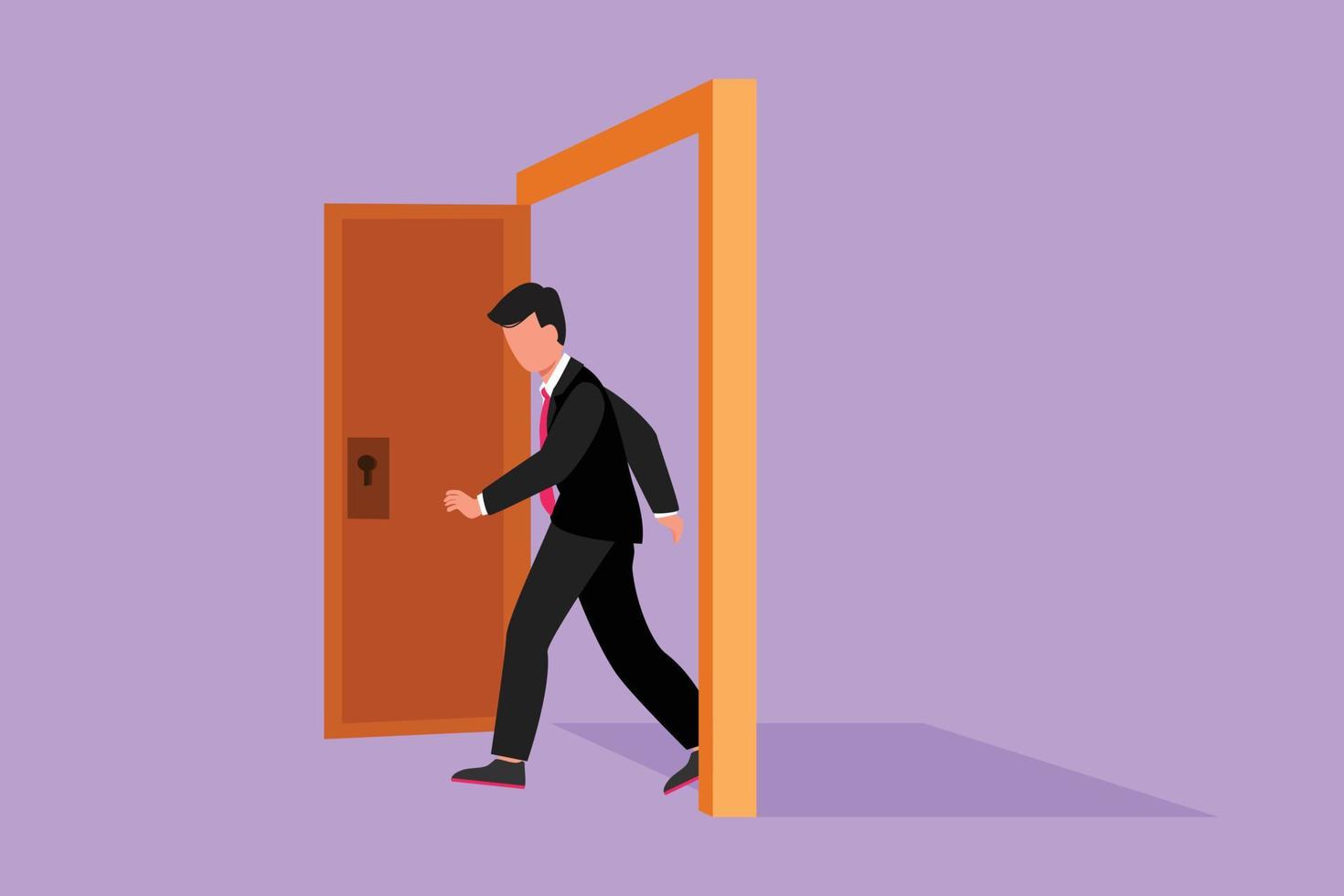 Cartoon flat style drawing businessman walking through an open door frame. New business ventures challenge. Entering new market competition. Career growth concept. Graphic design vector illustration