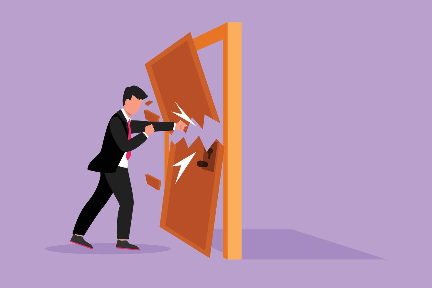 Cartoon flat style drawing businessman punching and destroying door