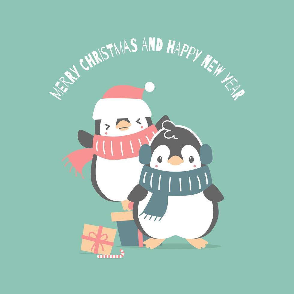feliz navidad y feliz año nuevo con pingüino en la temporada de invierno fondo verde, ilustración de vector plano diseño de vestuario de personaje de dibujos animados