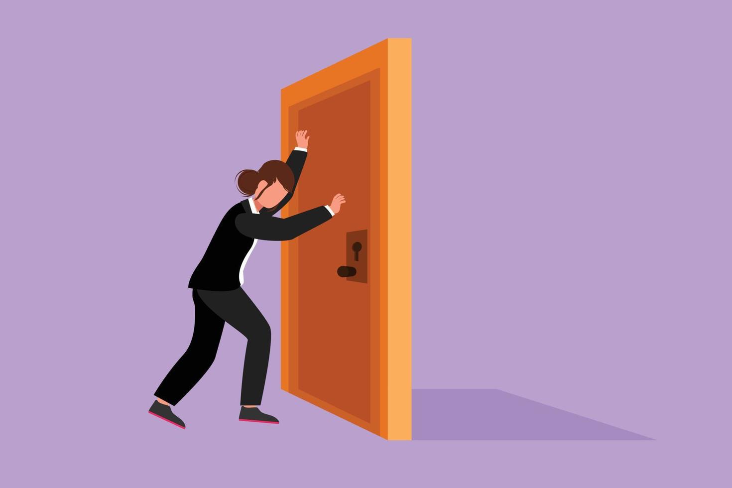 Character flat drawing businesswoman pushes closed wooden door. Business struggles metaphor. Strength manager for success in market competition. Opening closed door. Cartoon design vector illustration