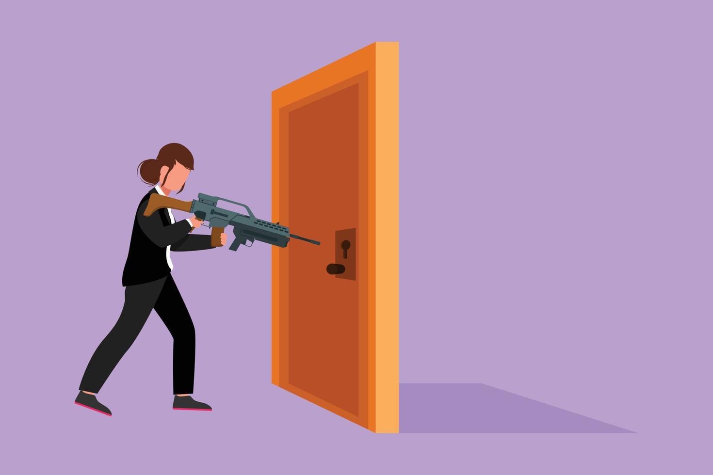Cartoon flat style drawing businesswoman pointing shotgun at doorknob. Business breakthrough struggle. The power to succeed or winning competition. Open closed door. Graphic design vector illustration