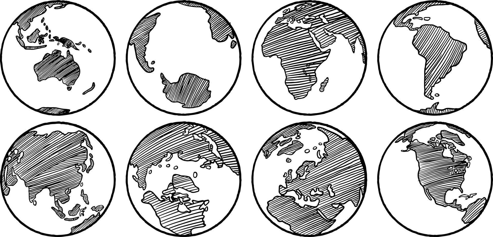 Hand drawing of eight globe earth sketch isolated on white background. vector