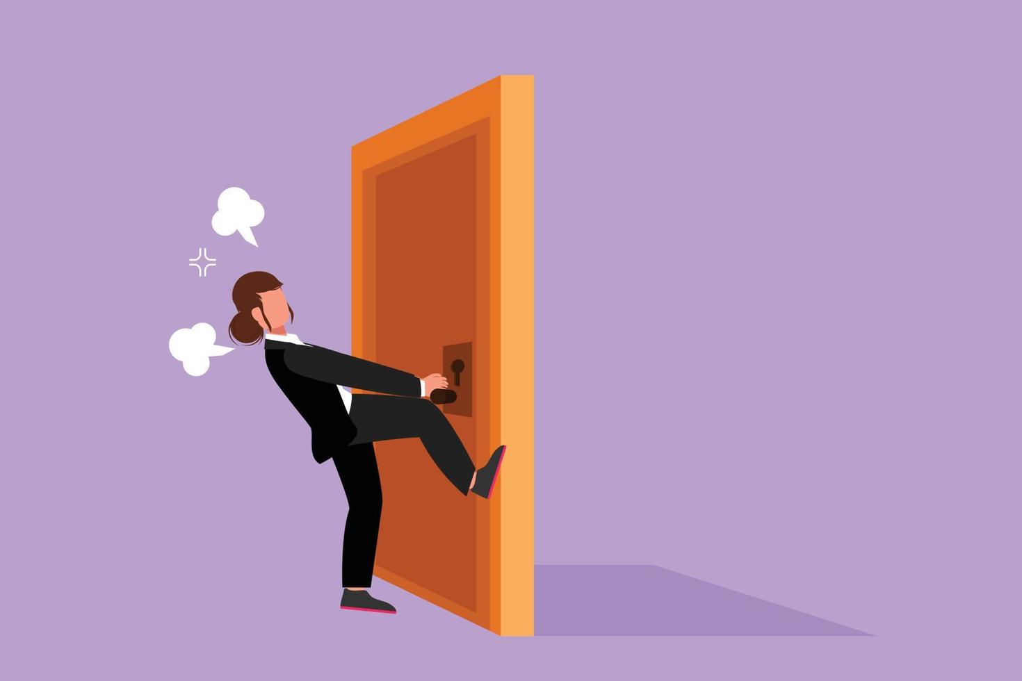 Character flat drawing businesswoman pulling closed door knob with power. Business struggles metaphor. Strength for success in market competition. Open closed door. Cartoon design vector illustration