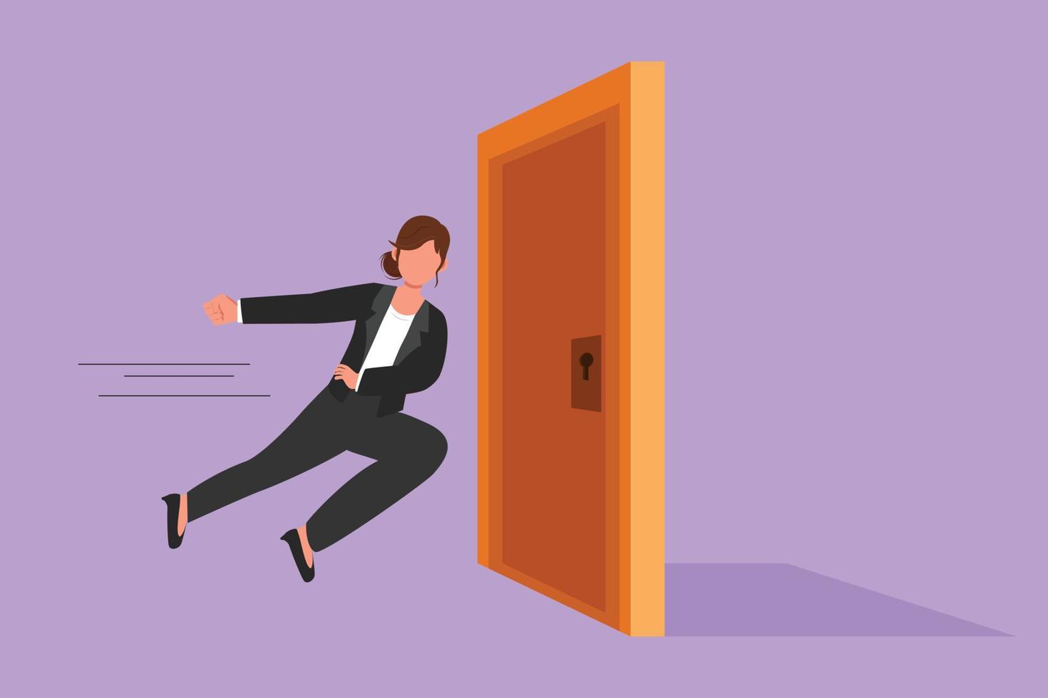 Graphic flat design drawing of young businesswoman running and want to break down door. Business struggle metaphor. Strength worker for success. Opening closed doors. Cartoon style vector illustration