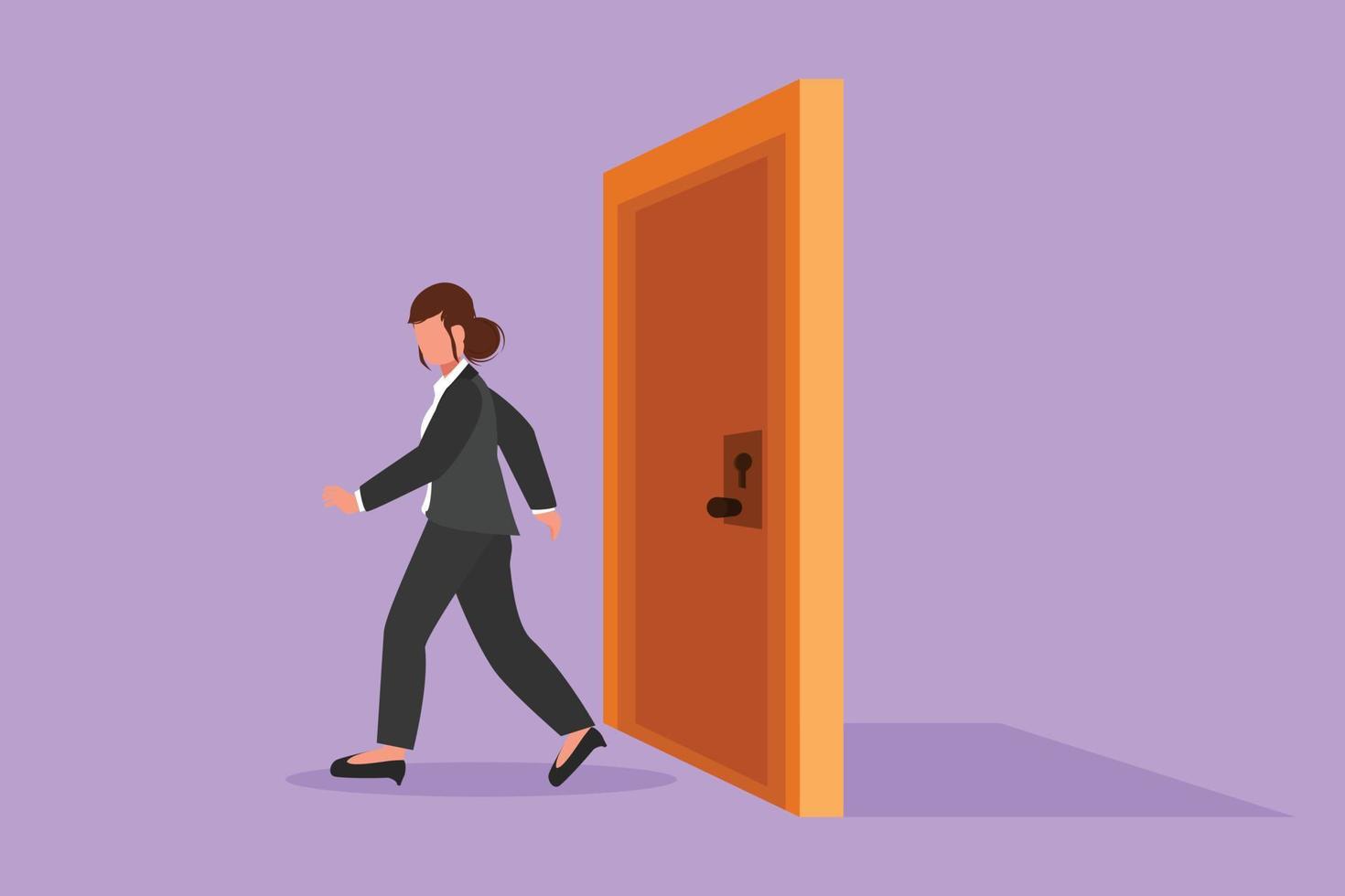 Graphic flat design drawing businesswoman walking and leaving closed door. New business ventures. Entrepreneur entering new market. Career growth or vision metaphor. Cartoon style vector illustration