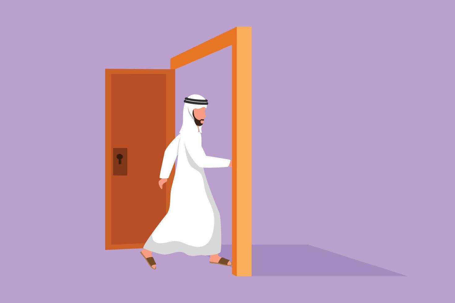 Graphic flat design drawing Arabian businessman enters the room through the door. Male manager walking to opened door. Starting new day at office. Business metaphor. Cartoon style vector illustration