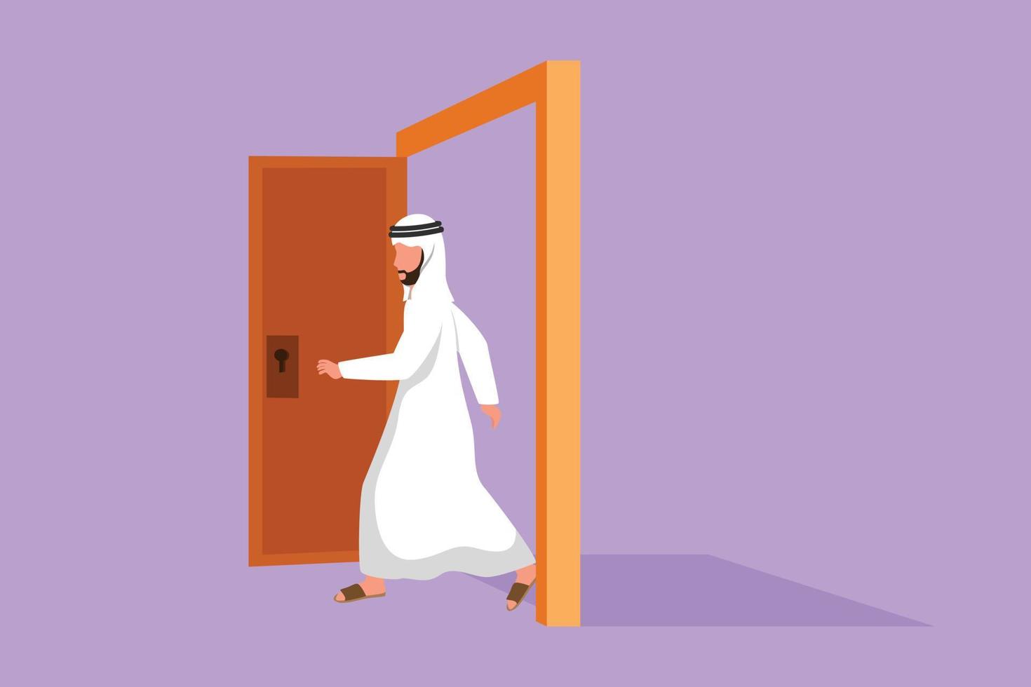 Character flat drawing Arab businessman walking through an open door frame. New business ventures challenge. Entering new market competition. Career growth concept. Cartoon design vector illustration