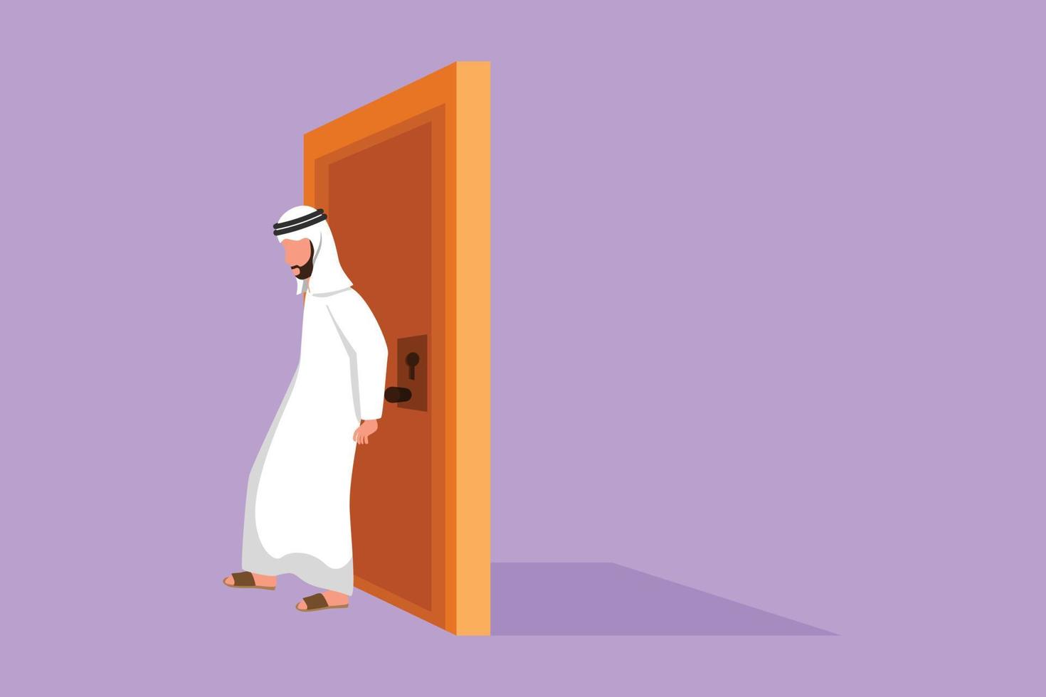 Cartoon flat style drawing Arab businessman pushing door with his back. Business struggles metaphor. Strength for success. Business concept of overcoming obstacles. Graphic design vector illustration