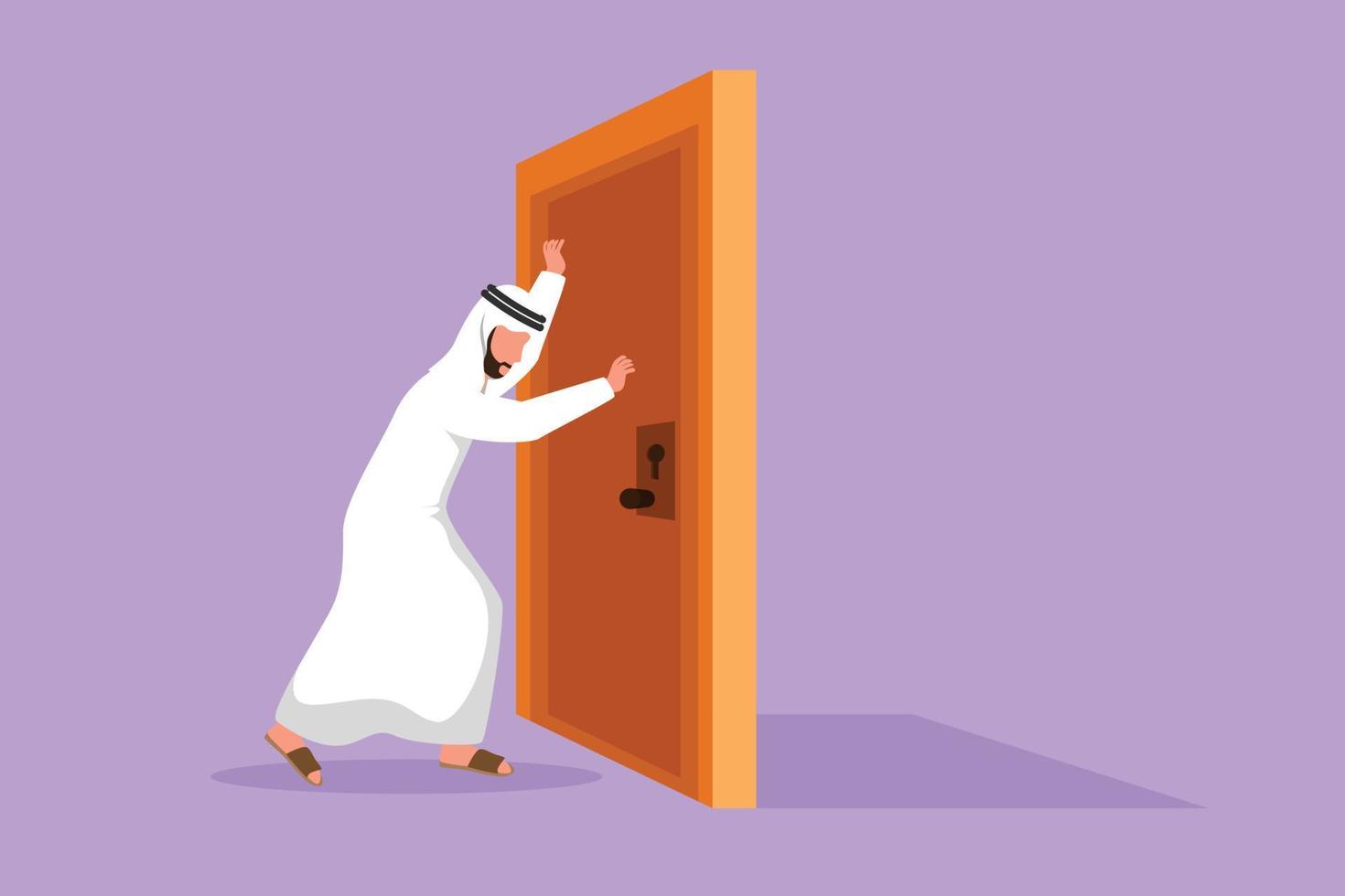 Character flat drawing of young Arabian businessman pushes closed wooden door. Business struggles metaphor. Strength manager for success. Opening closed doors. Cartoon style design vector illustration