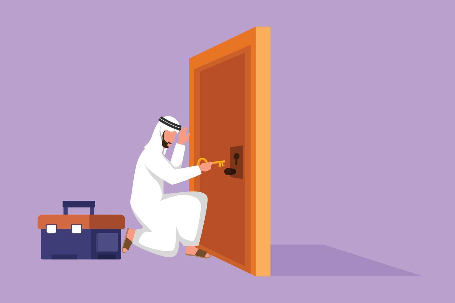 Graphic flat design drawing Arabian businessman prying doorknob with screwdriver. Man repair broken handle door knob with handyman tool in tool box. Success business. Cartoon style vector illustration