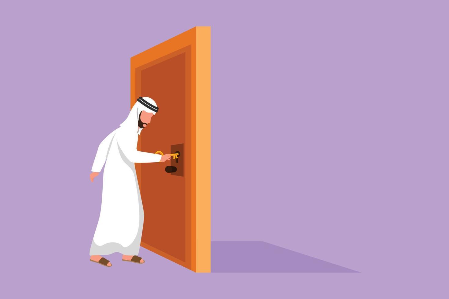 Cartoon flat style drawing Arabian businessman inserts key into keyhole which is on the door. Male manager open office room door with key. Success business metaphor. Graphic design vector illustration